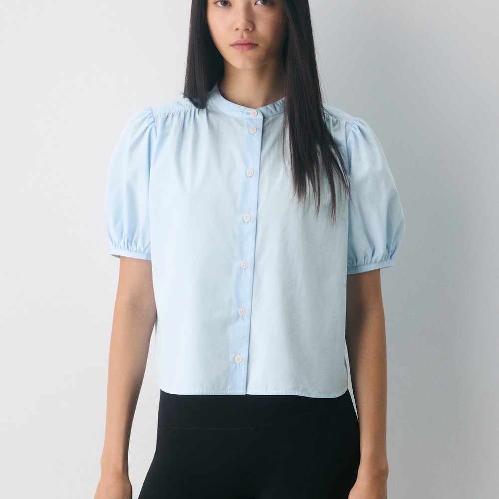 Light Blue Puff Sleeve Button-Front Women's Top
